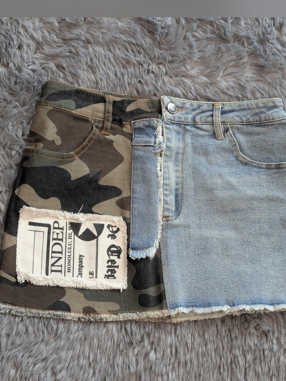 Two-Tone Camo & Light Wash Denim Mini Skirt